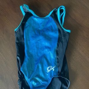 GK Leotard, Size Child Medium, shimmery blue and black, preowned